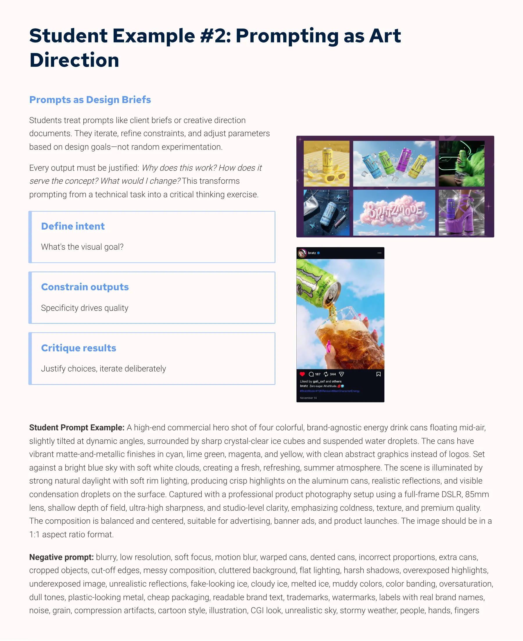 Symposium slide: Prompting as Art Direction — students treat prompts like client briefs, with a structured prompt example and a disciplined negative-prompt block