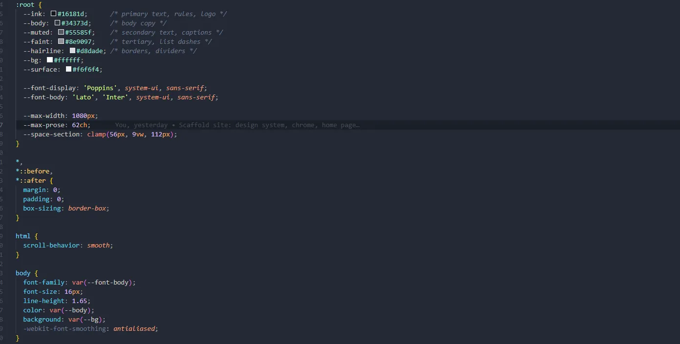 The site's own global.css open in an editor, showing the :root custom properties that define every colour and measurement on the site