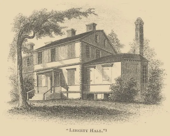Period engraving of Liberty Hall seen from the side, with the porch and rear wing