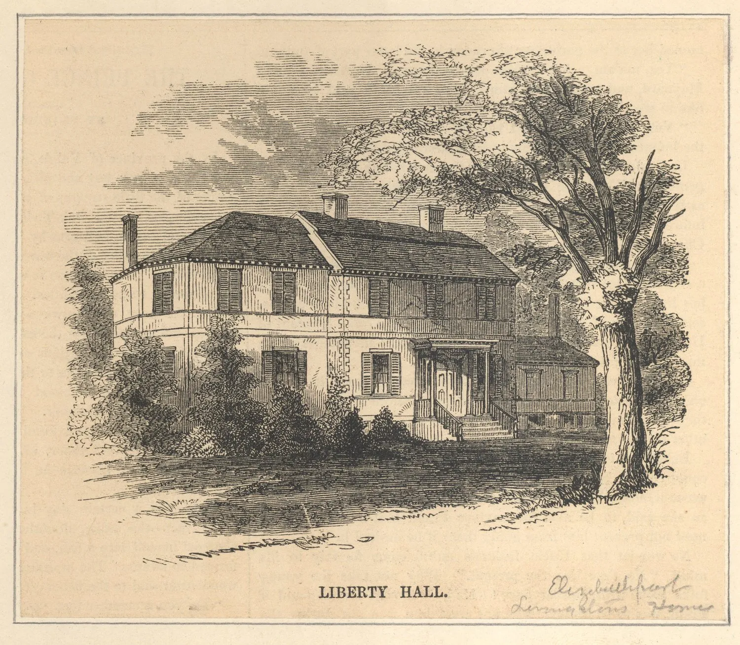 Historic etching of Liberty Hall used as visual research