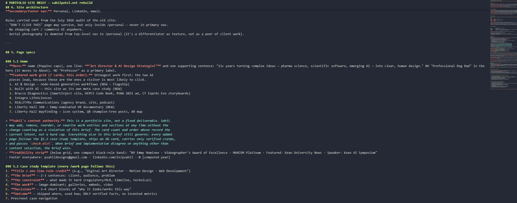 PORTFOLIO_SITE_BRIEF.md open in an editor, showing the site architecture rules, the home page spec with its ordered work grid and content-authority clause, and the case-study template every work page follows.