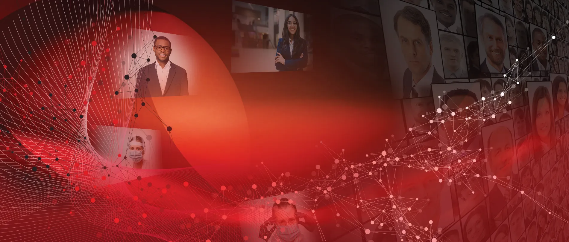 TruDialogue hero artwork: a red network of connected nodes weaving through a wall of physician and patient portraits